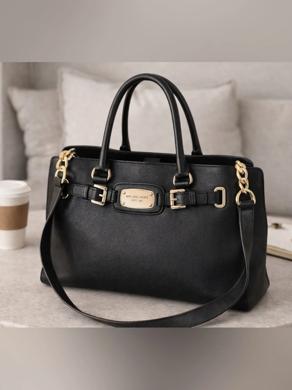 Michael Kors Black Leather Satchel Gold Hardware Shoulder Bag Crossbody - Picture 14 of 14